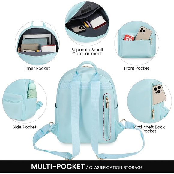 Women Light Blue Nylon Small Waterproof Mini Backpack main image 7